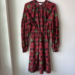 Stella Jean Patterned Midi Dress in Orange/Red Green Blouson Sleeves Size 8